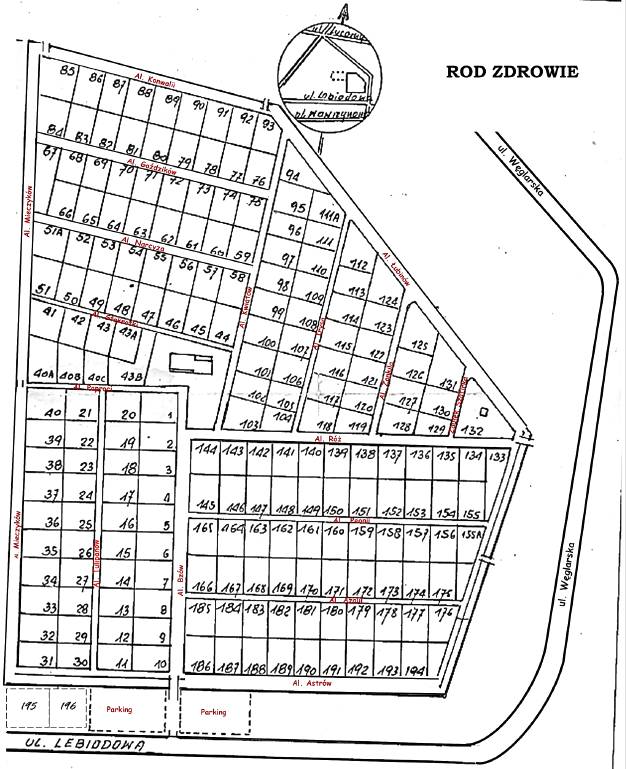 Plan ogrodu - numery i rozmieszczenie działek na terenie ROD "Zdrowie"
